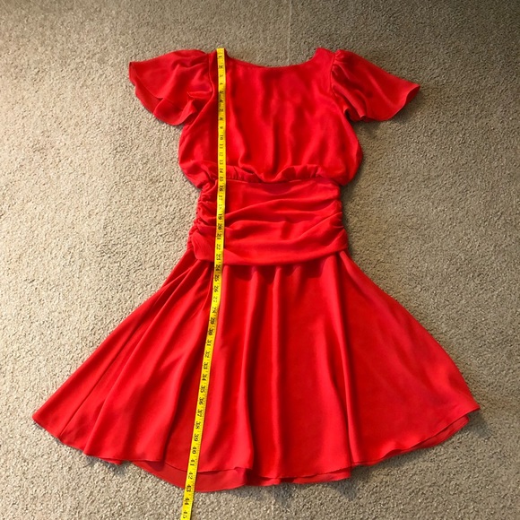 Vintage Red Flared Dress Sz M Chiffon Gathered Design Chic - Picture 4 of 14
